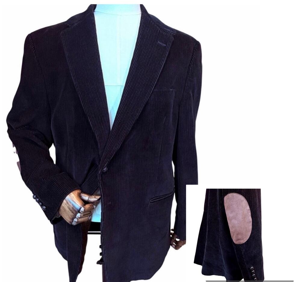 VTG 90s RALPH LAUREN Mens Black Corduroy Blazer Elbow Patches Paisley Lining 46R
